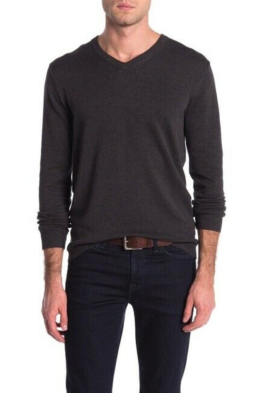 Joe Fresh Pullover Sweater V-Neck Long Sleeve Rib Knit Heathered Charcoal Medium